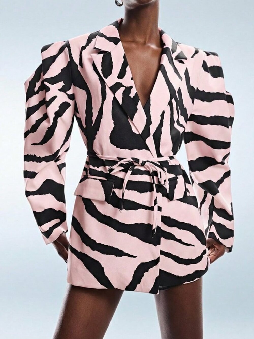 Multicolor Elegant Women's Zebra Print Wide Shoulder Cinched Waist Blazer - Picture 1 of 8